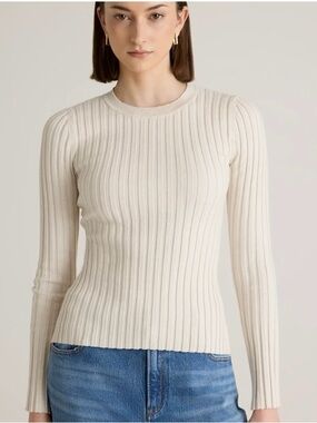 QUINCE Cotton-Cashmere Ribbed Long Sleeve Sweater in Heather Bone - L